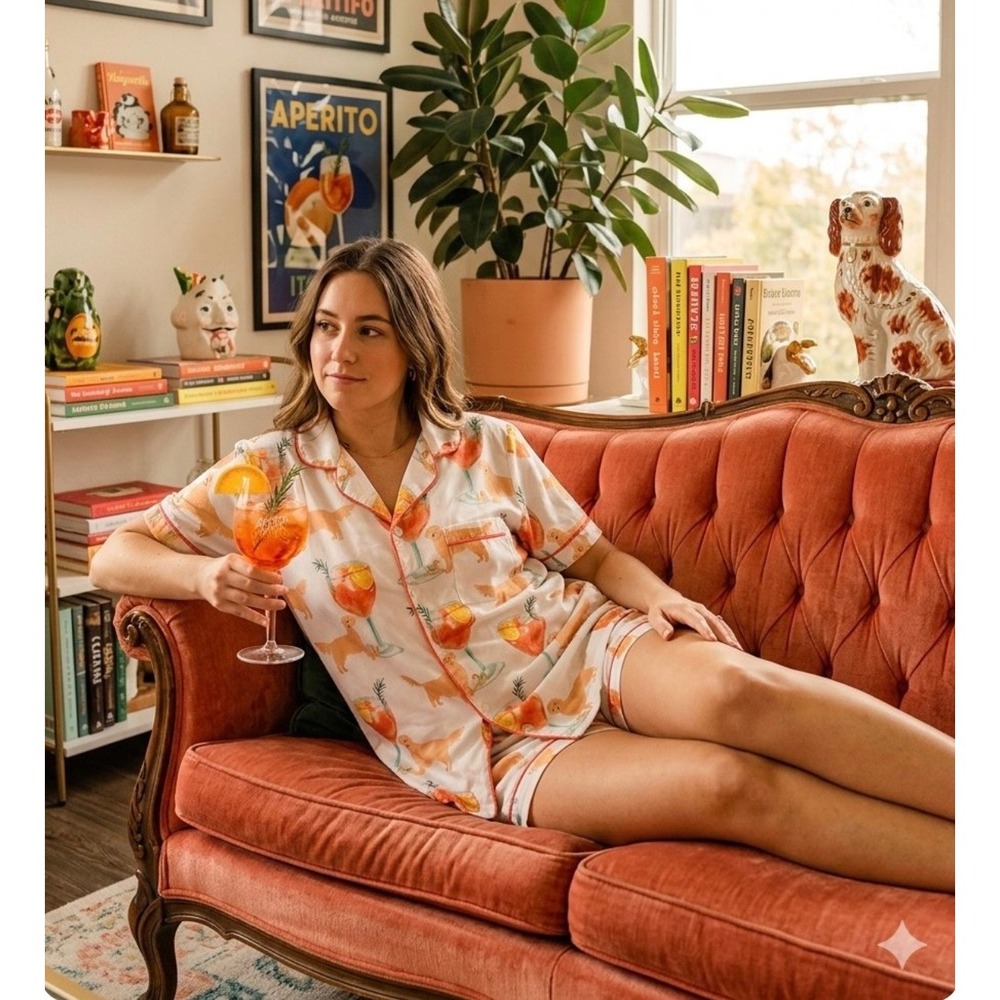 Golden Retriever Aperol Spritz Pajama Set Short Sleeve Button Down Shorts White